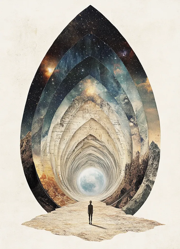A surreal digital artwork depicts a teardrop-shaped portal composed of layered images of mountains, celestial bodies, and parchment-like textures.  The portal's interior reveals a tunnel leading to a bright, moonlit expanse. A solitary figure stands at the tunnel's entrance, facing the light.  The overall aesthetic is dreamlike and evocative of vastness and exploration.