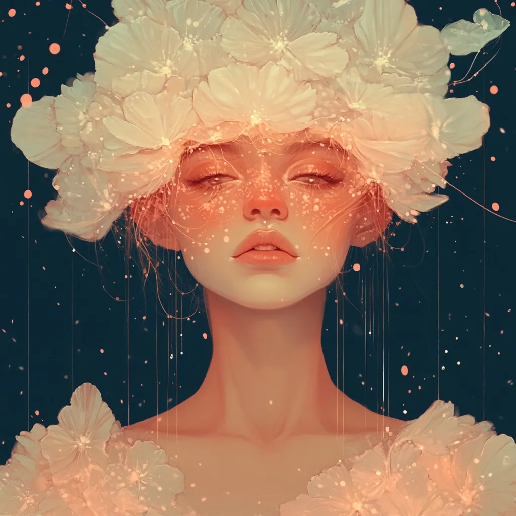 A digital painting of a serene woman adorned with a crown of luminous flowers.  Her eyes are closed, and her skin is delicately freckled, bathed in warm, soft light.  Delicate strands of light descend around her, creating a dreamlike, ethereal atmosphere against a dark background speckled with light. The overall style is whimsical and romantic.