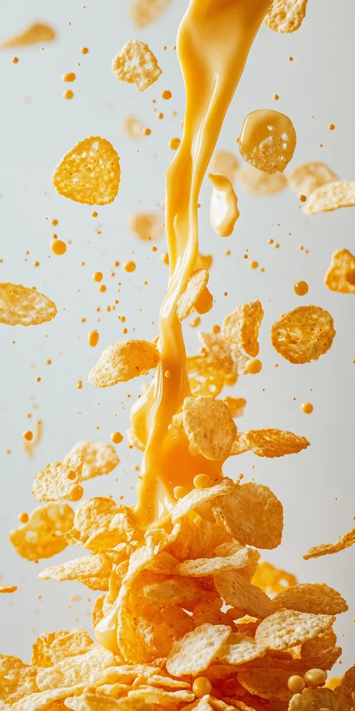 A stream of orange liquid pours onto a pile of golden-yellow cereal flakes.  The flakes are airborne, suspended mid-air, creating a dynamic, energetic scene.  Splashes of the liquid are visible, adding to the sense of motion. The overall image is bright, vibrant, and appetizing, suggesting a breakfast cereal commercial.