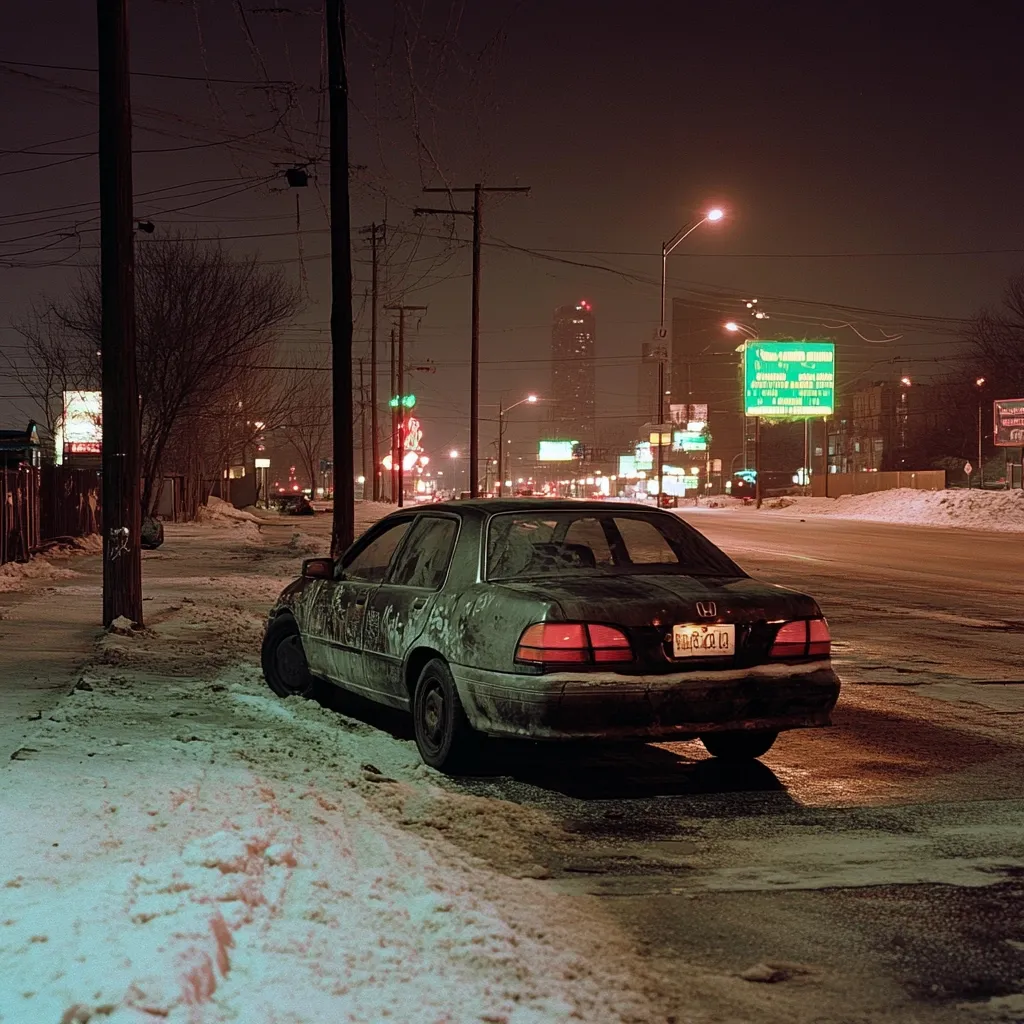 A dark-colored sedan, covered in a layer of grime and snow, is parked on a snow-covered street at night.  The street is dimly lit by streetlights, revealing a cityscape in the background.  Power lines crisscross above, and a few businesses are visible with illuminated signs.  The scene evokes a feeling of urban solitude and quiet winter night.