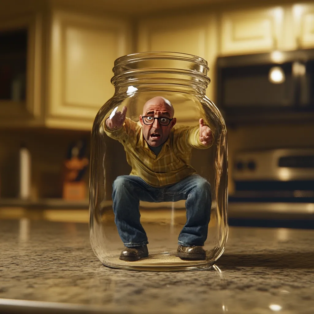A bald, middle-aged man with glasses is humorously trapped inside a large glass jar. He's crouched down, arms outstretched, appearing both surprised and distressed by his predicament. The jar sits on a kitchen counter, with a blurred background suggesting a domestic setting. The image is a surreal juxtaposition, creating a sense of confinement and absurdity.