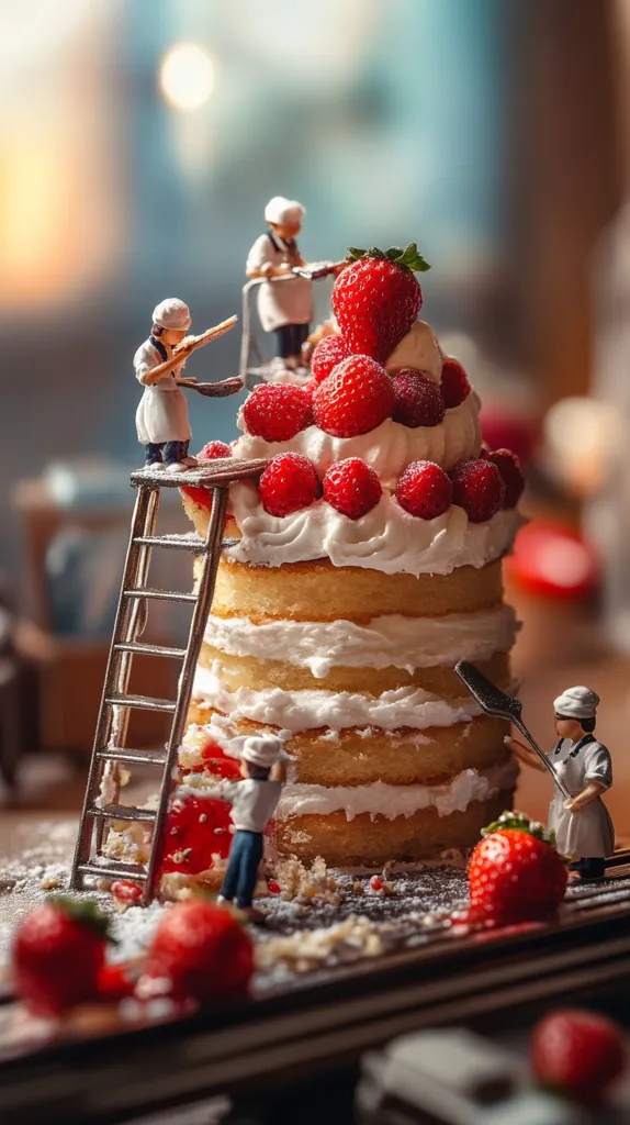 Miniature bakers decorate a multi-layered cake.  The cake is adorned with fresh strawberries and whipped cream, dusted with powdered sugar.  One baker uses a ladder to reach the top, while others work from the sides, creating a whimsical scene of cake construction.  The overall image is beautifully lit, emphasizing the detail of the miniature figures and the delicious-looking cake.
