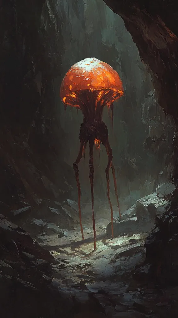 A bioluminescent, mushroom-like creature with long, spindly legs stands in a dark, cavernous space.  The creature's cap glows with an orange light, casting a faint illumination on the rough, rocky terrain. The overall atmosphere is eerie and mysterious, suggesting a fantasy or science fiction setting. The dark, muted colors emphasize the creature's otherworldly presence.