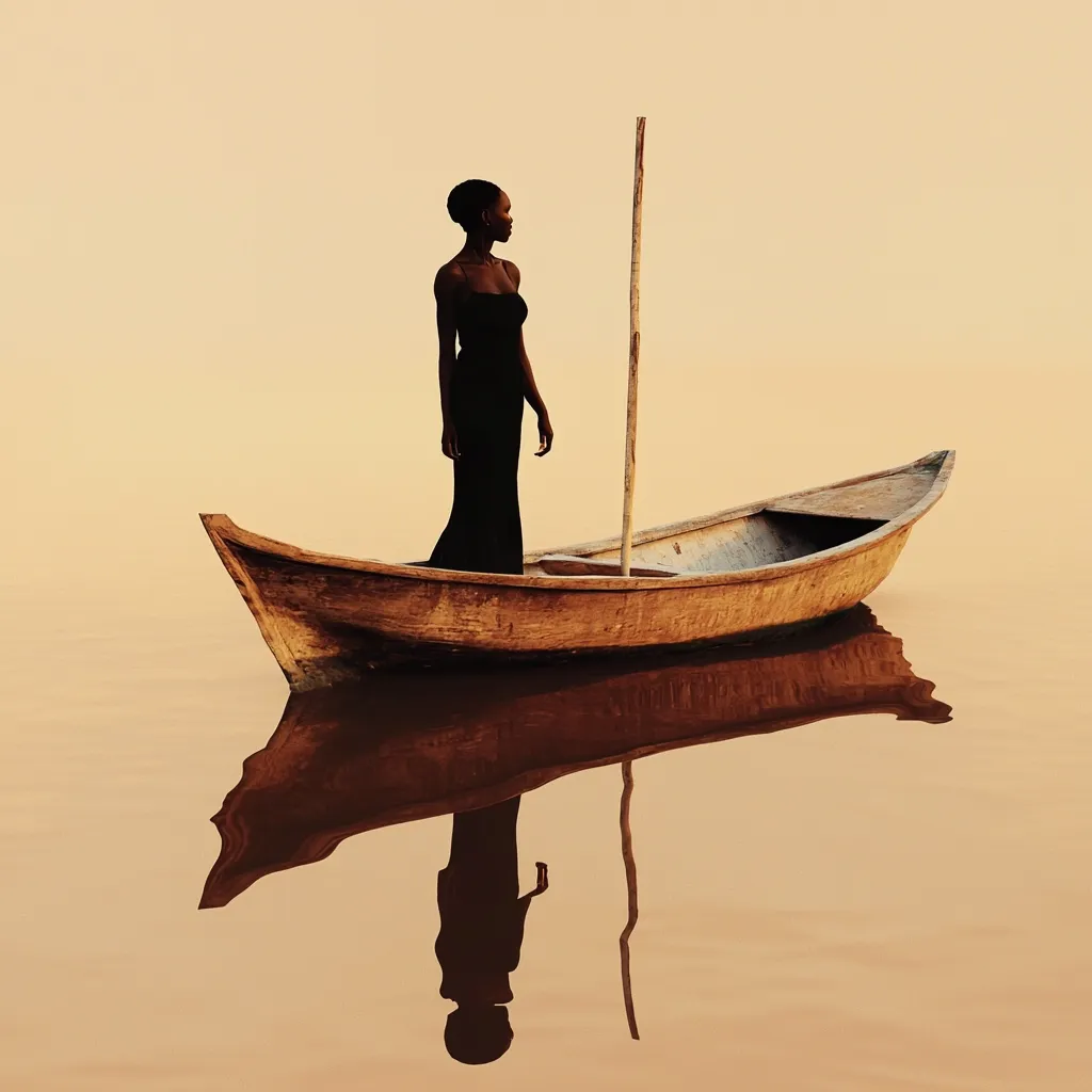 A silhouetted Black woman in a long dress stands in a small wooden boat on calm, golden water.  The boat has a single, vertical pole.  The woman's reflection is mirrored perfectly in the still water, creating a serene and contemplative image. The setting sun casts a warm, peaceful light on the scene.