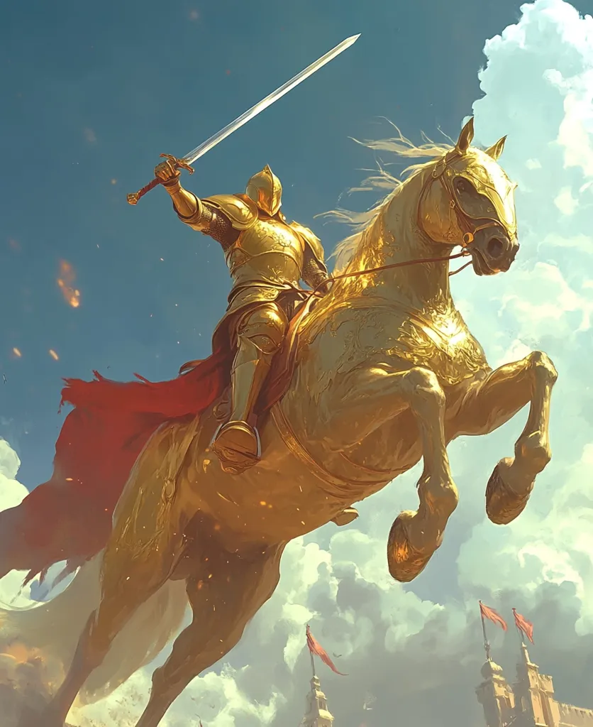 A golden knight, clad in shining armor, rides a majestic golden steed, soaring through a vibrant sky.  He brandishes a long sword aloft, a red cape billowing behind him.  Below, a city with flags is visible, suggesting a triumphant return or a heroic charge. The scene is painted in a dynamic, fantasy style with dramatic lighting.