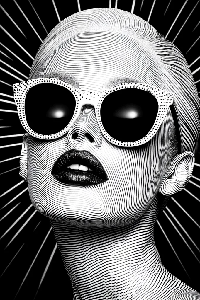 A black and white stylized portrait of a woman wearing large, round sunglasses.  Her face and neck are rendered in parallel lines creating a three-dimensional effect. The background features radiating black lines, adding to the graphic and dramatic feel of the image. The woman's dark lipstick and intense gaze complete the striking, high-fashion aesthetic.