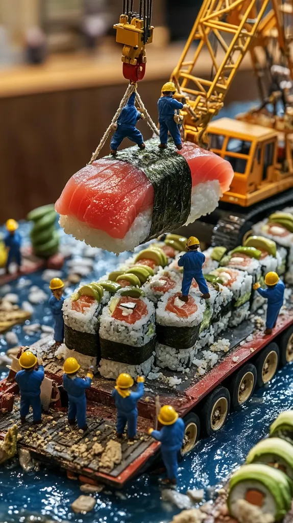 Miniature construction workers use a crane to lift a giant piece of sushi.  Other miniature workers load smaller sushi rolls onto a flatbed truck. The scene is meticulously detailed, with realistic depictions of the workers, sushi, and construction equipment. The overall effect is a whimsical and charming diorama.