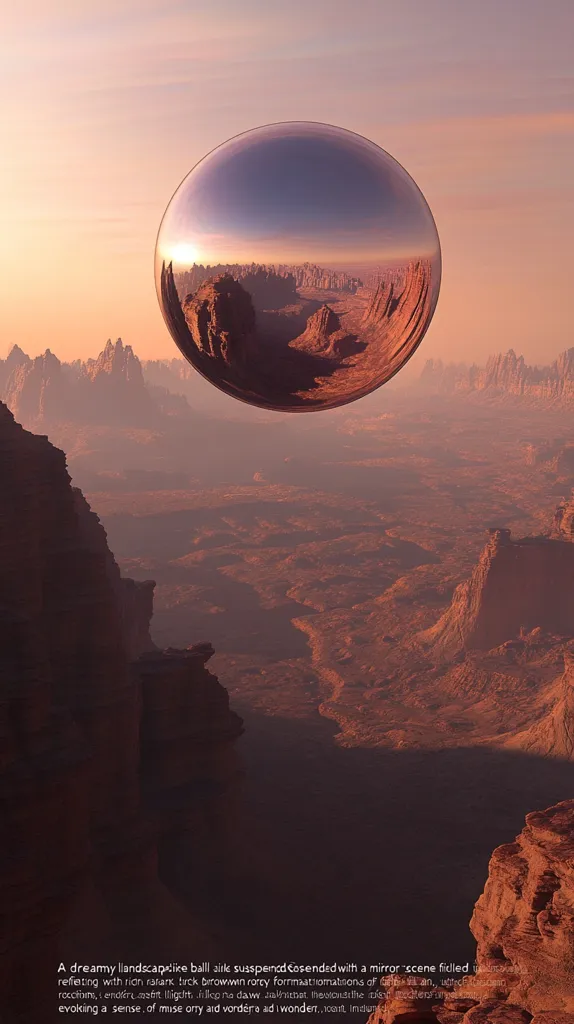 A large, reflective sphere floats serenely above a breathtaking desert landscape.  The sphere mirrors the scene below, creating a surreal and dreamlike effect.  Reddish-brown rock formations stretch to the horizon under a warm, sunset sky. The image evokes a sense of mystery and wonder.