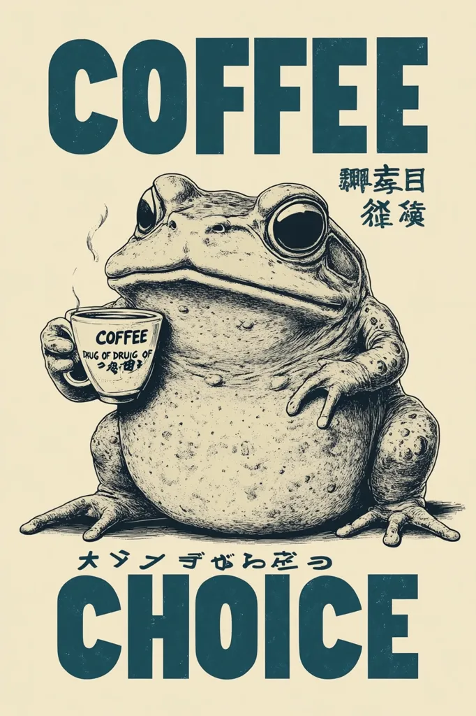 A stylized illustration features a plump toad contentedly holding a steaming mug of coffee.  The mug reads "Coffee, Drug of Drug of..." in English and Japanese.  The overall design is reminiscent of vintage advertising, with bold lettering proclaiming "Coffee" and "Choice" in a dark teal font against a beige background.  The toad's expression is serene, suggesting enjoyment of its caffeinated beverage.