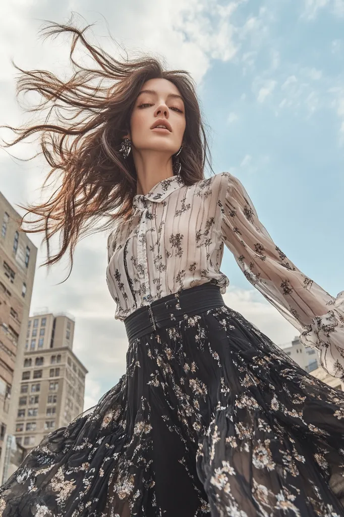 A woman with long brown hair flowing in the wind wears a sheer, floral-printed blouse and a dark, floral midi skirt.  The outfit is styled with a high-waisted skirt and a fitted blouse.  She is posing outdoors against a backdrop of city buildings under a partly cloudy sky. The overall style is bohemian and chic.