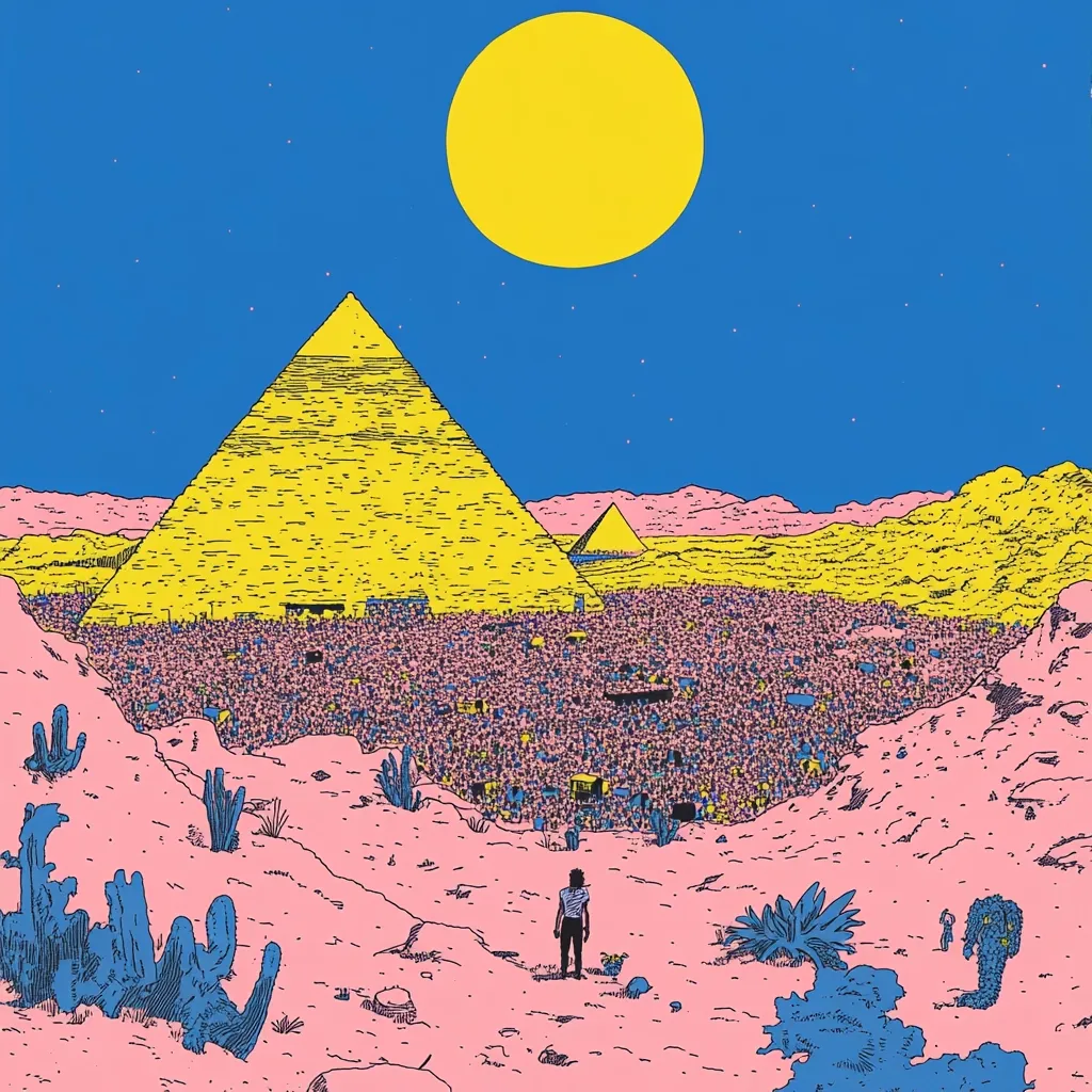 A stylized illustration depicts a large crowd gathered before a massive yellow pyramid under a bright yellow sun and a deep blue sky.  Pink desert landscape surrounds the scene, dotted with cacti.  A lone figure stands in the foreground, observing the spectacle. The overall style is bold and graphic, reminiscent of comic book art. The scene evokes a sense of scale and isolation within a vibrant, surreal environment.
