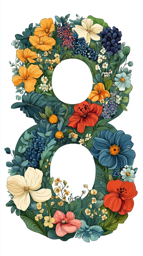 A vibrant illustration of the number eight, meticulously crafted from a profusion of colorful flowers and lush foliage.  Various blooms, including poppies, hibiscus, and smaller wildflowers in shades of orange, red, blue, and pink, are artfully arranged to form the numeral.  The overall style is detailed and botanical, creating a visually appealing and celebratory image.