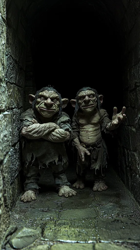 Two grotesque trolls stand in a dark, damp stone passage.  One troll has its arms crossed, while the other gestures with an outstretched hand.  Both are depicted with wrinkled skin, clawed feet, and dark, matted hair.  The dimly lit scene enhances the figures' unsettling appearance. The overall atmosphere is gloomy and mysterious.
