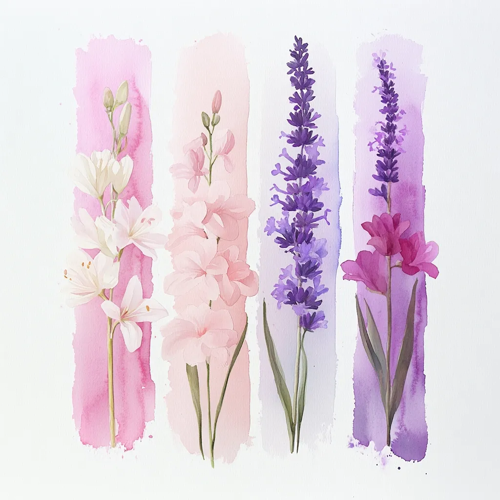 A watercolor painting features four vertical arrangements of flowers, each set against a subtly blended pastel background.  From left to right, the colors progress from pink to purple.  The flowers themselves are delicate and detailed, showing variations in shades of white, pink, and purple. The overall aesthetic is serene and romantic.