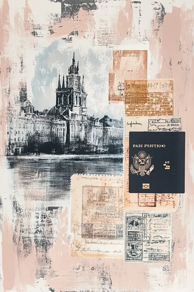 An abstract mixed-media artwork features a black and white depiction of a European cityscape, possibly Prague, dominated by a church spire.  Overlaying this are textured layers of pale pink and gray, interspersed with collaged vintage stamps, tickets, and handwritten notes, creating a sense of travel and history. A US passport is prominently displayed, adding a contemporary element to the antique aesthetic. The overall effect is evocative of memories and journeys across time and place.