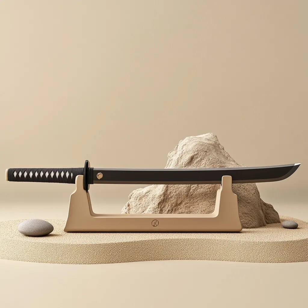 A sleek, black katana rests on a minimalist, beige stand.  The sword's hilt is wrapped in black and white patterned fabric. The stand sits on a small mound of sand, with a small rock beside it, creating a serene, almost zen-like presentation against a muted beige backdrop.  The overall aesthetic is clean and modern.