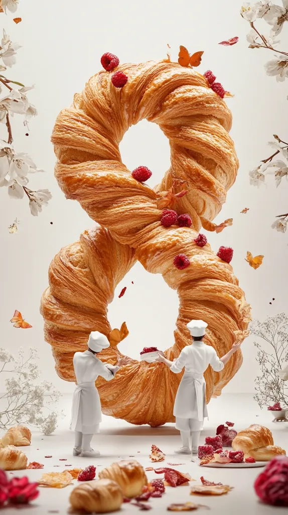 A whimsical image depicts a giant croissant shaped like the number eight, adorned with raspberries and surrounded by miniature bakers in white chef's uniforms.  Delicate butterflies flutter around the pastry, which is set against a light background with blossoming branches. Smaller croissants and raspberries are scattered at the base, creating a scene of delightful, fantastical baking.