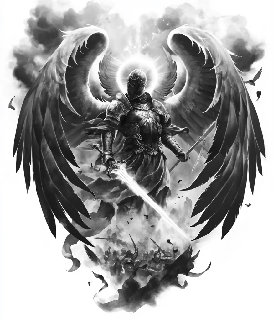 A grayscale illustration depicts a powerful angelic warrior, clad in full plate armor, wielding a glowing sword.  Vast, dark wings spread behind him, framing a radiant halo.  Below, a chaotic battlefield is suggested by a swirling mass of figures, hinting at a fierce conflict.  The overall style is dramatic and evokes a sense of divine power and war.