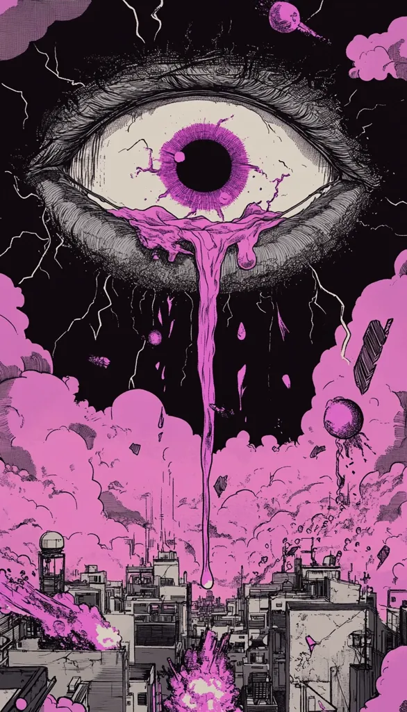 A giant eye, rendered in stark black and white linework, weeps a thick, pink substance that cascades onto a city below.  The city is engulfed in pink explosions and smoke, creating a chaotic and surreal scene.  Dark, lightning-like cracks emanate from the eye, adding to the apocalyptic atmosphere. The overall style is graphic novel-esque, blending detailed drawing with vibrant color accents.