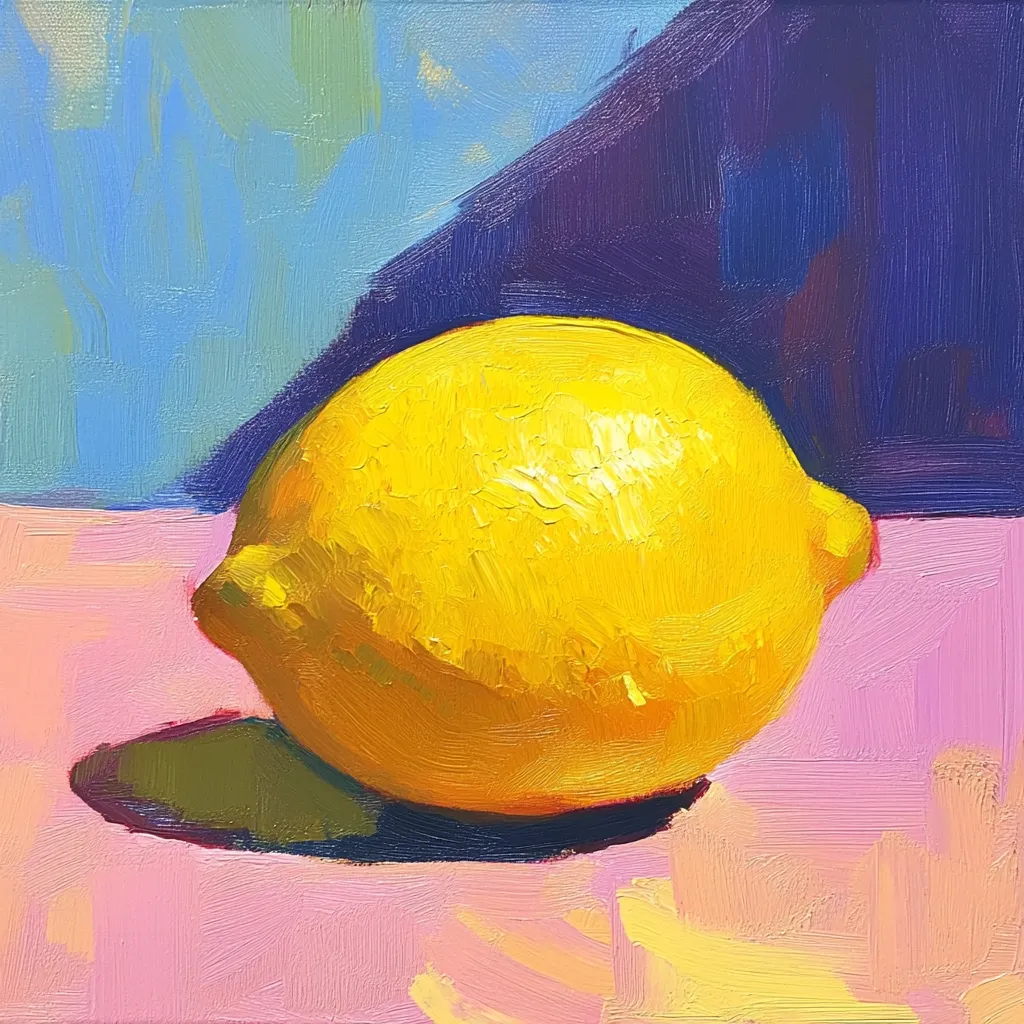 A vibrant oil painting depicts a single lemon resting on a pink surface.  The lemon is rendered with thick, visible brushstrokes, showcasing its bright yellow hue. The background features contrasting shades of blue and purple, creating a dynamic interplay of color and texture.  The style is expressive and impasto, highlighting the artist's technique.