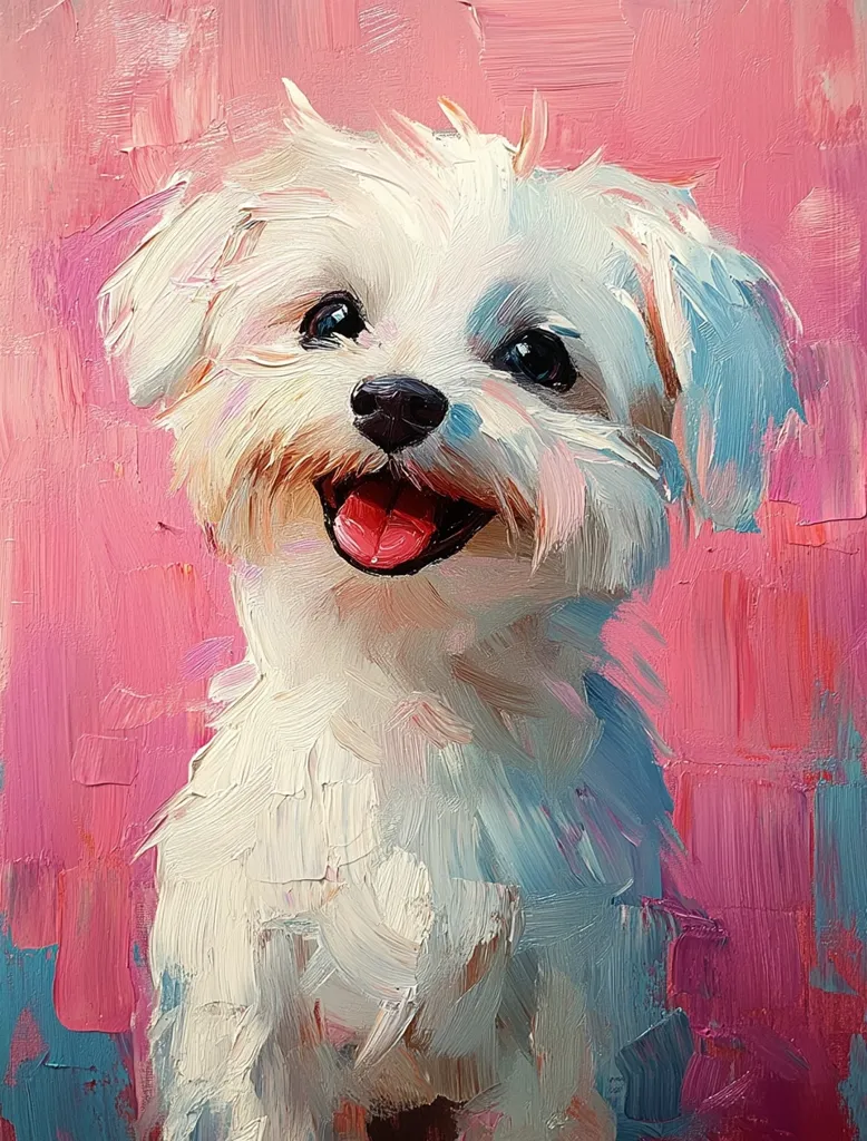 A vibrant oil painting depicts a Maltese dog against a bold pink background.  The dog's fluffy white fur is rendered with visible brushstrokes, capturing its texture and playful expression.  Its happy, open mouth and dark eyes add to the charming and joyful portrayal. The artist uses a palette knife technique to create a textured, almost impressionistic effect.