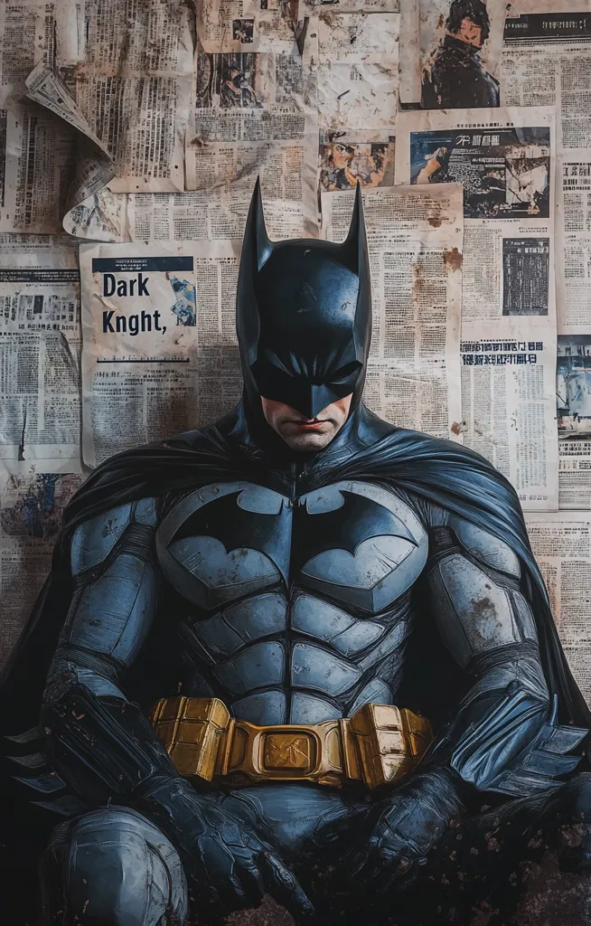 A brooding Batman sits amidst a backdrop of aged newspapers.  His dark, detailed suit is accentuated by a gold utility belt.  The newspaper fragments, some showing headlines like "Dark Knight," suggest a gritty, urban setting.  The overall mood is somber and reflective, highlighting the character's solemn determination.  The image is a compelling blend of superhero imagery and textured realism.