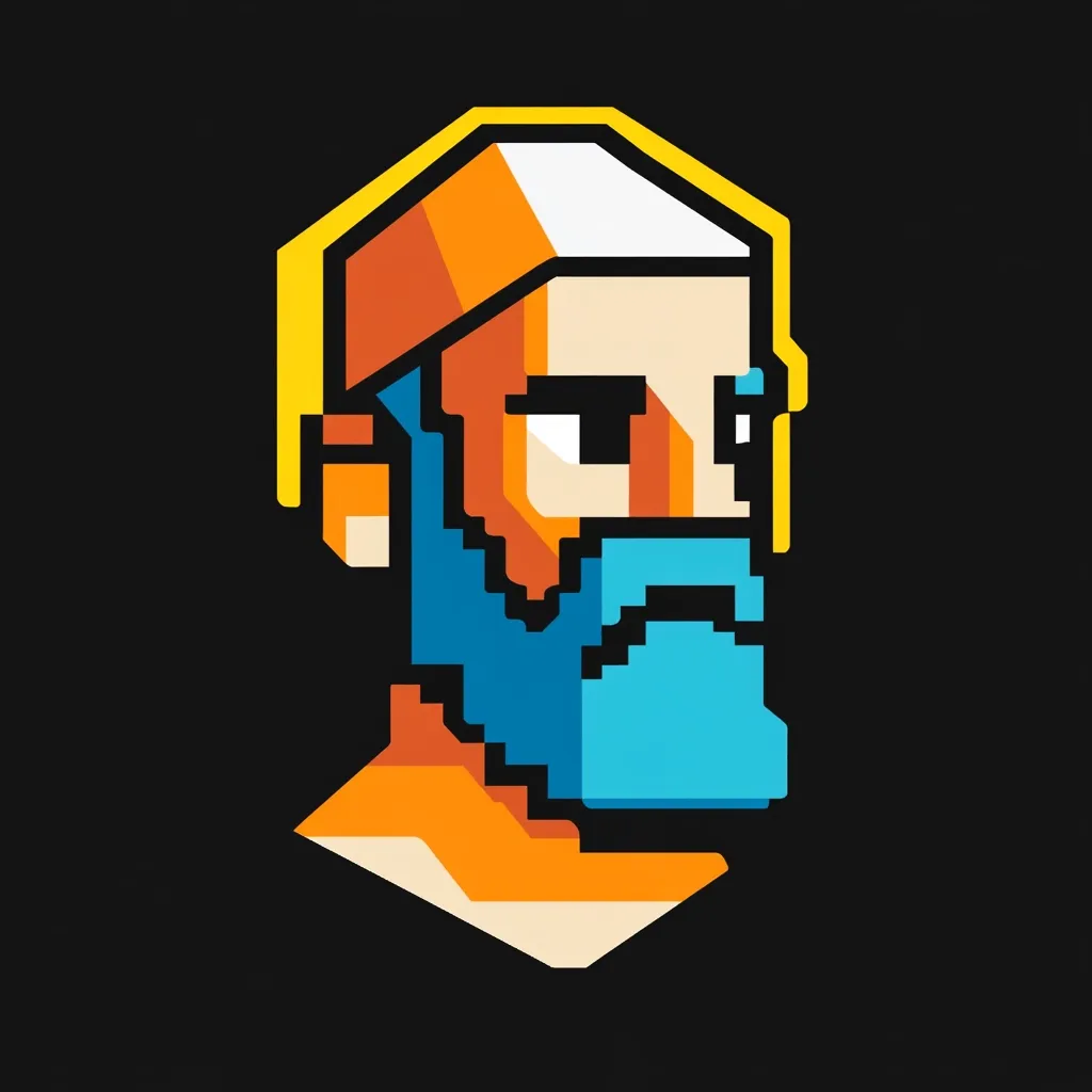 A pixel art portrait of a bearded man wearing headphones.  His headwear is orange and white, the headphones are yellow, and his beard is a vibrant blue and teal. The overall style is reminiscent of 8-bit video game graphics, with bold colors and a blocky aesthetic. The man's expression is serious, and his gaze is directed slightly downward.  The background is a plain black.