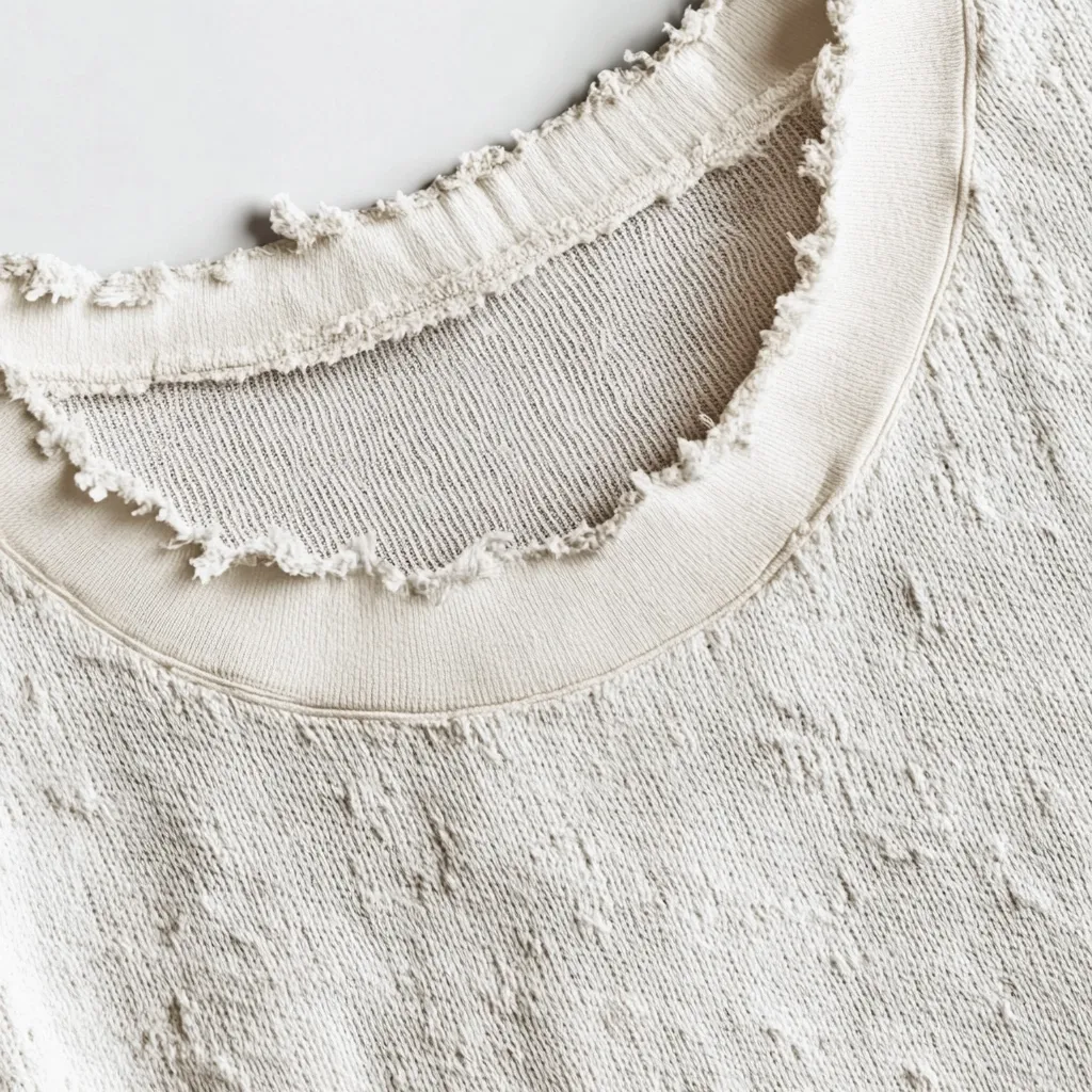 Close-up view of a cream-colored sweatshirt with a heavily distressed neckline.  The neckline shows significant fraying and wear, while the fabric of the sweatshirt itself has a worn, textured appearance. The overall style suggests a vintage or intentionally distressed look. The color is a soft, off-white.