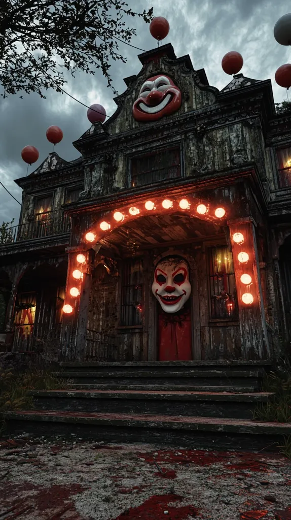 A dilapidated, dark wooden house, seemingly abandoned, features a large clown face above the entrance.  Red balloons float above, attached by strings.  An illuminated archway leads to a red door, where a sinister clown mask hangs. The steps leading to the door are stained a dark red. The overall atmosphere is eerie and unsettling, suggesting a haunted or horror-themed location.