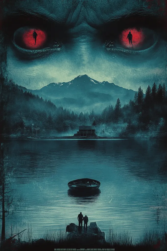 A chilling poster depicts a monstrous face with glowing red eyes, reflecting a secluded lake house nestled amidst a tranquil mountain range.  Two figures stand on a rocky outcrop, observing an overturned boat on the still water. The overall atmosphere is one of suspense and impending dread, hinting at a horror film's dark narrative.  The image's color palette is predominantly dark teal and green, enhancing the moody ambiance.