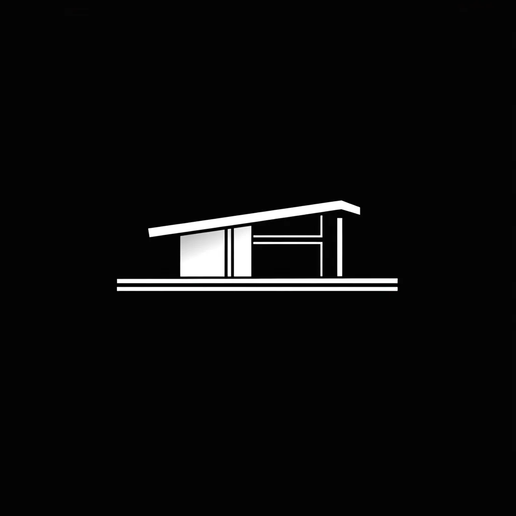 The image is a minimalist, black and white illustration of a modern house.  The design features a single-story structure with a distinctive sloped roof and clean lines.  It's a simple, geometric representation, suggestive of mid-century modern architecture. The house sits on a thin, horizontal base line, emphasizing its sleek and contemporary aesthetic.