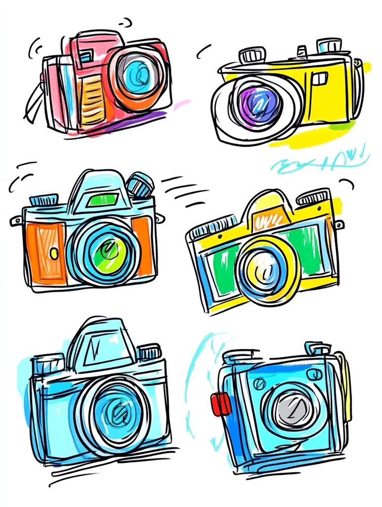 Six vibrant, hand-drawn illustrations of vintage cameras are depicted.  Each camera is uniquely colored and styled, showcasing a variety of shapes and designs.  The artistic style is loose and expressive, using bold outlines and bright, saturated colors, creating a playful and energetic feel.  The cameras are arranged without overlap, providing a clear view of each individual design.