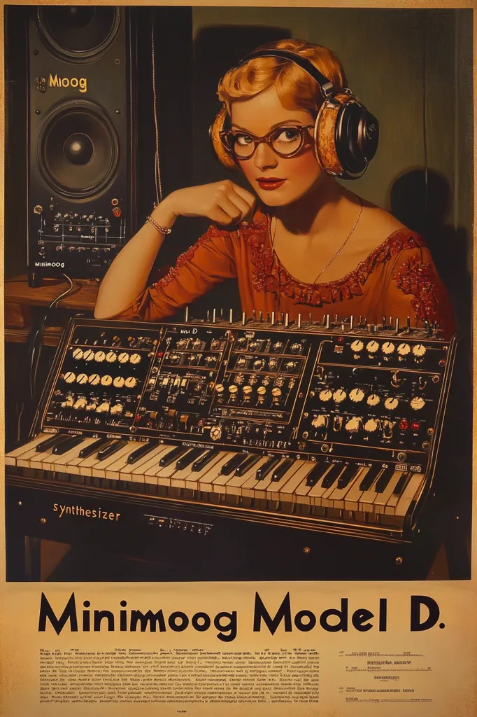 A vintage advertisement showcases a stylish woman in 1940s attire, wearing headphones, seated before a Minimoog Model D synthesizer. The image is rich in retro aesthetics, with warm lighting and a focus on the instrument's intricate details.  The woman's pose suggests a confident and skilled musician, emphasizing the synthesizer's appeal and sophistication.  The text prominently displays "Minimoog Model D," highlighting the product.