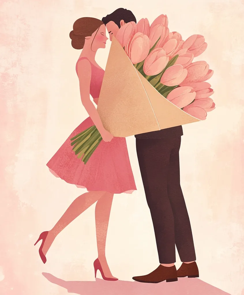 A romantic illustration depicts a couple gently embracing, their foreheads touching.  The man holds a large bouquet of pink tulips, partially concealing them both. The woman wears a pink dress and heels, while the man is dressed in dark trousers and shoes. The soft, pastel color palette creates a tender and loving atmosphere.  The image evokes feelings of affection and romance.