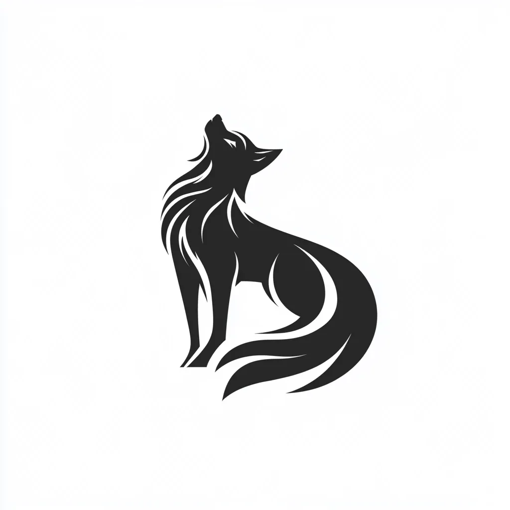 A stylized black silhouette of a wolf is depicted against a white background.  The wolf is seated, its head tilted upward in a howl, its long tail flowing dramatically behind it. The design uses sharp, angular lines and curves creating a fierce yet elegant representation of the animal.  The image is simple yet striking, potentially suitable for a logo or emblem.