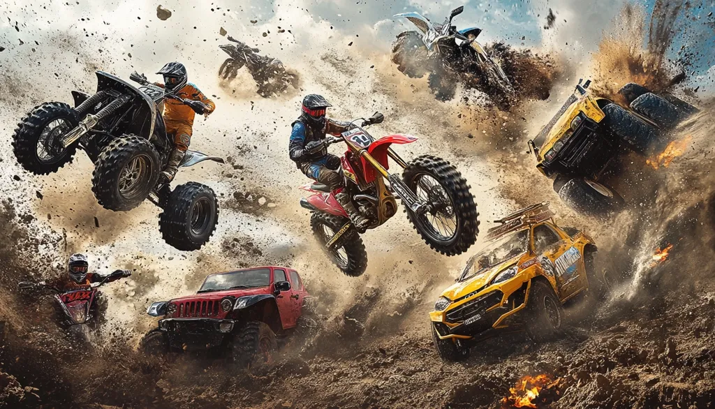 A dynamic action scene unfolds, showcasing various off-road vehicles in mid-air amidst a cloud of dust and debris.  A motocross bike leads the charge, followed by ATVs, a Jeep, and a customized pickup truck.  The drivers are clad in protective gear, highlighting the intensity of the off-road competition.  The overall image is vibrant and energetic, capturing the thrill of extreme sports.
