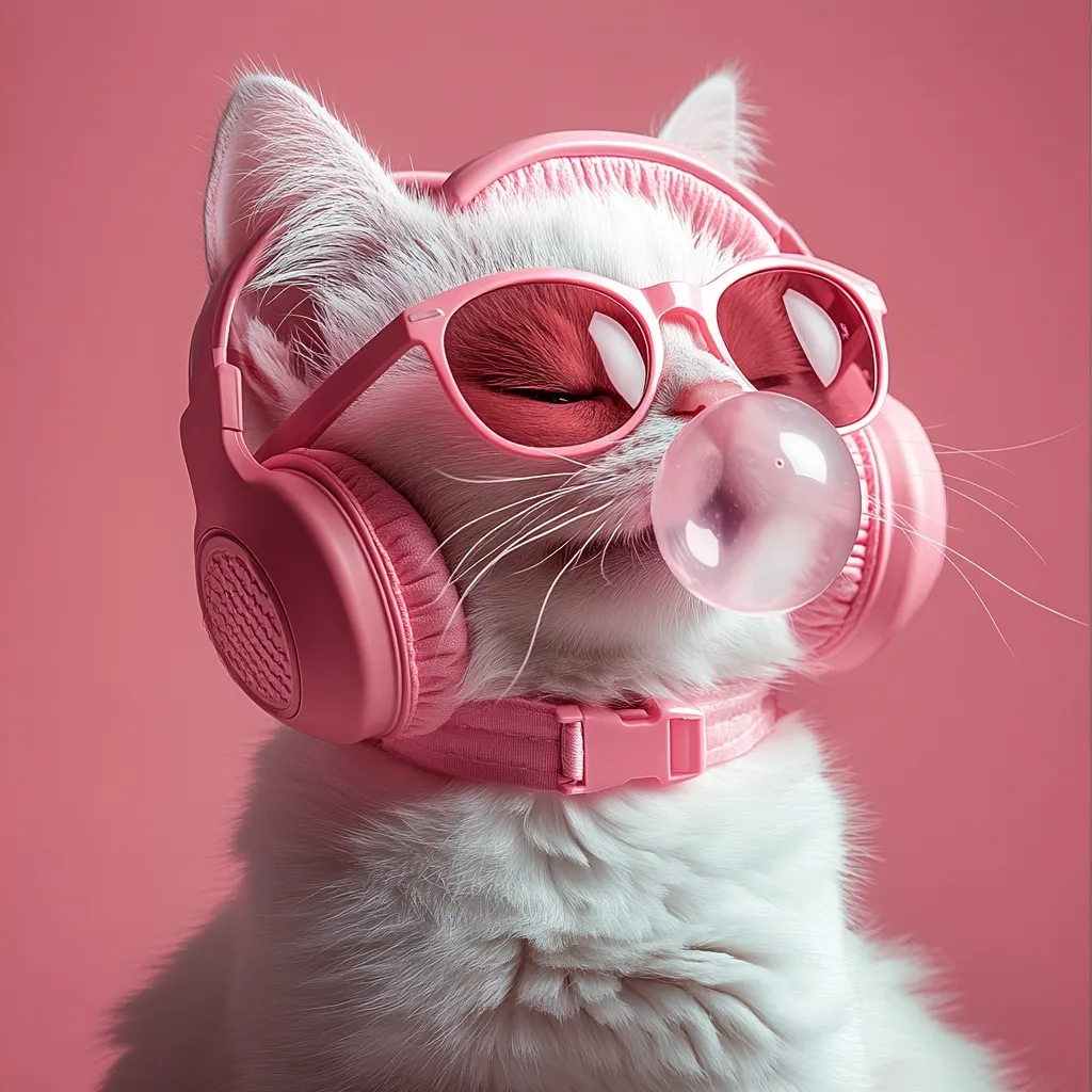 A white cat, wearing pink headphones and sunglasses, blows a bubble of pink bubblegum.  The cat's eyes are closed in contentment.  The overall aesthetic is playful and trendy, with a vibrant pink background enhancing the image's cheerful mood. The cat appears relaxed and enjoys its stylish accessories.