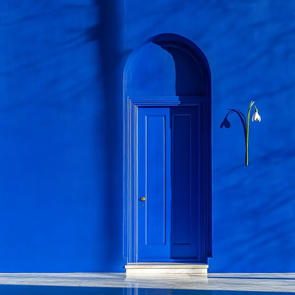 A vibrant blue wall features a matching arched doorway with a solid blue door.  A single snowdrop, its shadow cast beside it, is affixed to the wall next to the door.  The scene is minimalistic, with strong contrasts between the bright blue and the white flower, creating a striking visual impact.  A sliver of a marble floor and what looks like a pool's reflection is visible at the bottom.