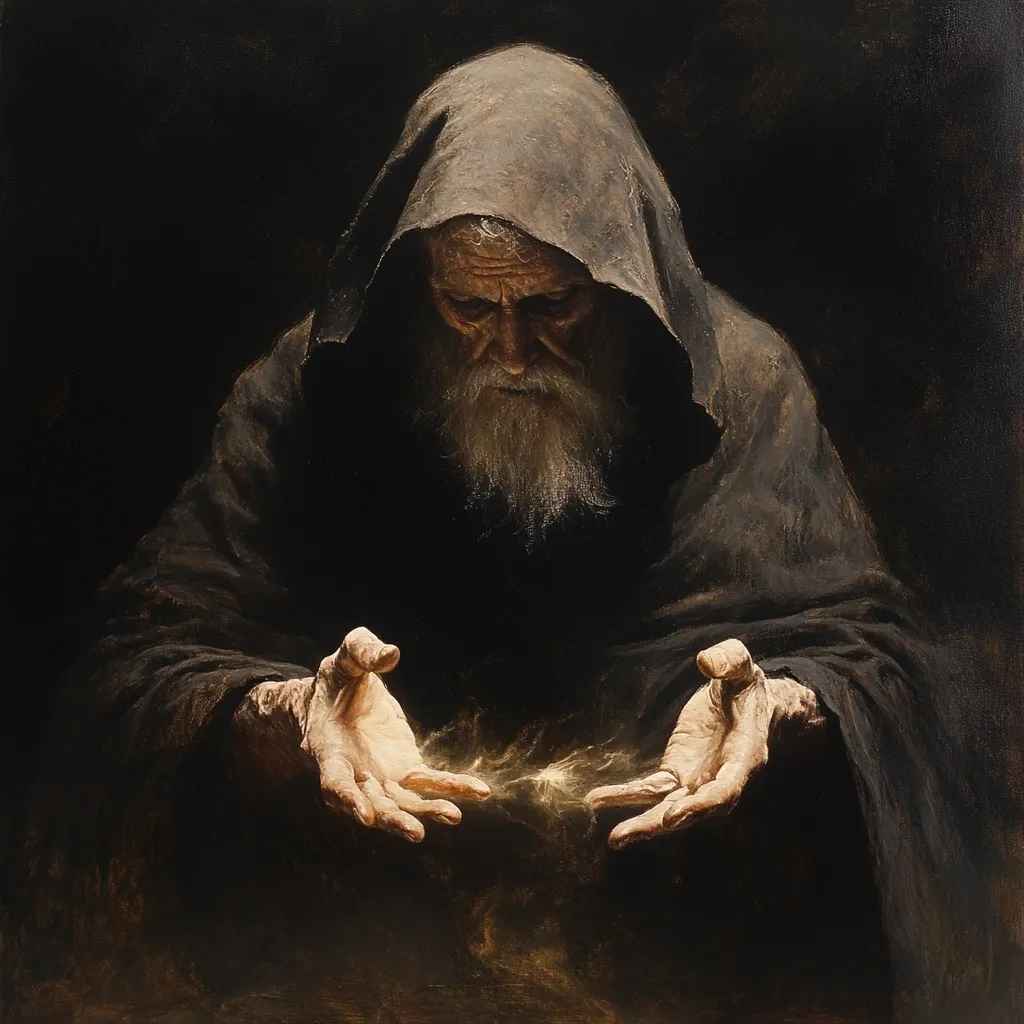 The painting depicts an aged, hooded figure, possibly a wizard or sage, cloaked in dark robes.  His wrinkled hands hover over a faint, glowing light emanating from a dark surface. The overall mood is mysterious and contemplative, emphasizing the figure's wisdom and connection to unseen forces.  The dark background and chiaroscuro lighting highlight the central figure and the ethereal glow between his hands.