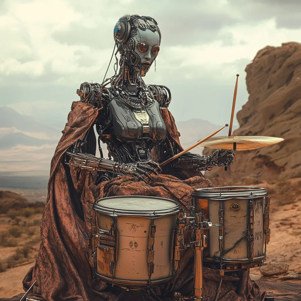A female robot, clad in a flowing brown robe, sits behind a drum kit in a desolate, rocky landscape.  Her metallic body is intricately detailed, showcasing exposed wiring and mechanical components.  She holds drumsticks, poised over the drums, creating a striking juxtaposition of futuristic technology and ancient, barren scenery.  The overall mood is one of contemplative solitude.