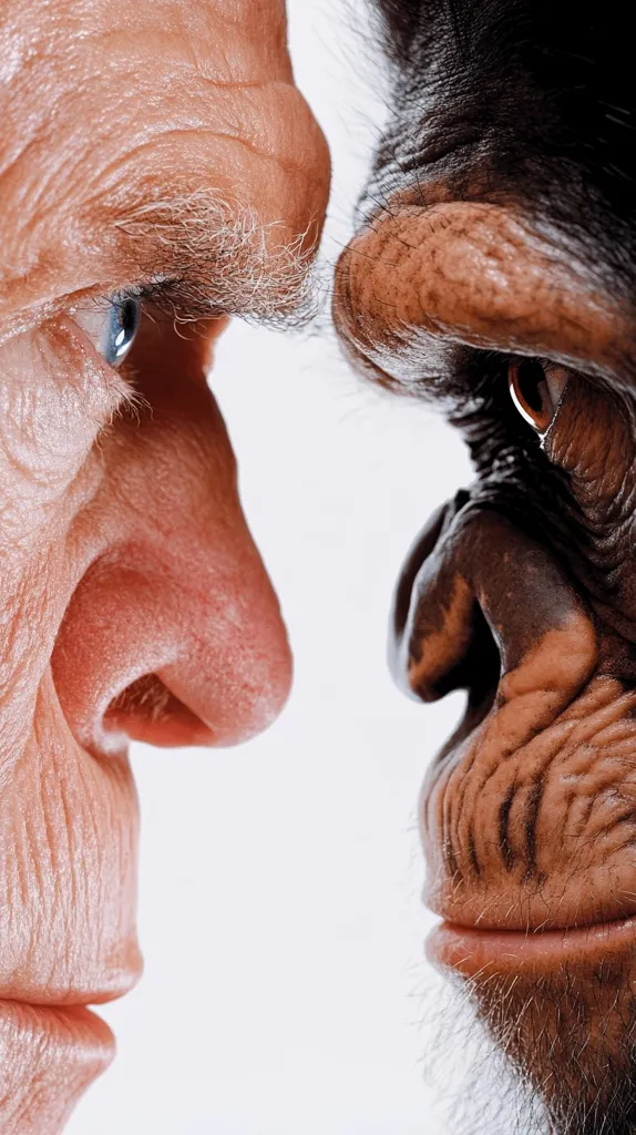 A close-up shot shows the faces of an elderly man and a chimpanzee in profile, their noses nearly touching.  The image highlights the striking similarities in their facial features, emphasizing the shared ancestry between humans and primates.  The contrast between the man's weathered skin and the chimpanzee's dark fur creates a powerful visual comparison. The focus is on the detailed textures and structures of their faces.