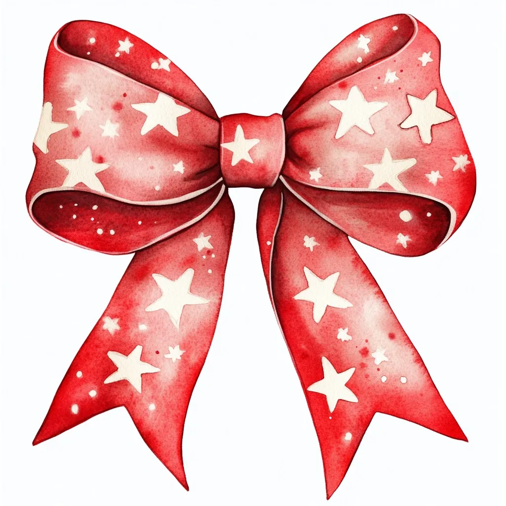 A watercolor painting of a festive red bow adorned with scattered white stars.  The bow is large and perfectly tied, with the loops and tails exhibiting a slightly textured, hand-painted quality. The red is a rich, slightly translucent hue, allowing the white stars to shine through subtly.  The overall style is charming and whimsical, suitable for holiday-themed designs.