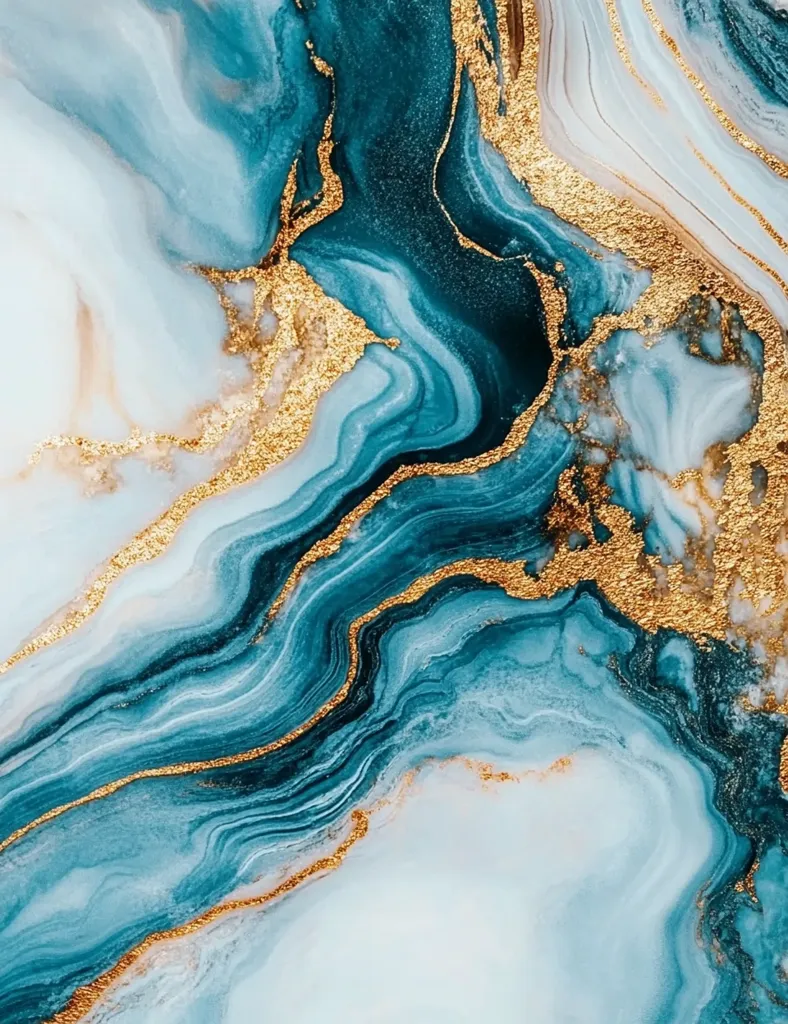 An abstract image showcasing a mesmerizing blend of teal and white, resembling swirling marble.  Gold accents are intricately woven throughout the design, adding a luxurious touch. The fluid, organic forms create a captivating visual texture, reminiscent of flowing water or celestial nebulae. The color palette evokes feelings of serenity and opulence.
