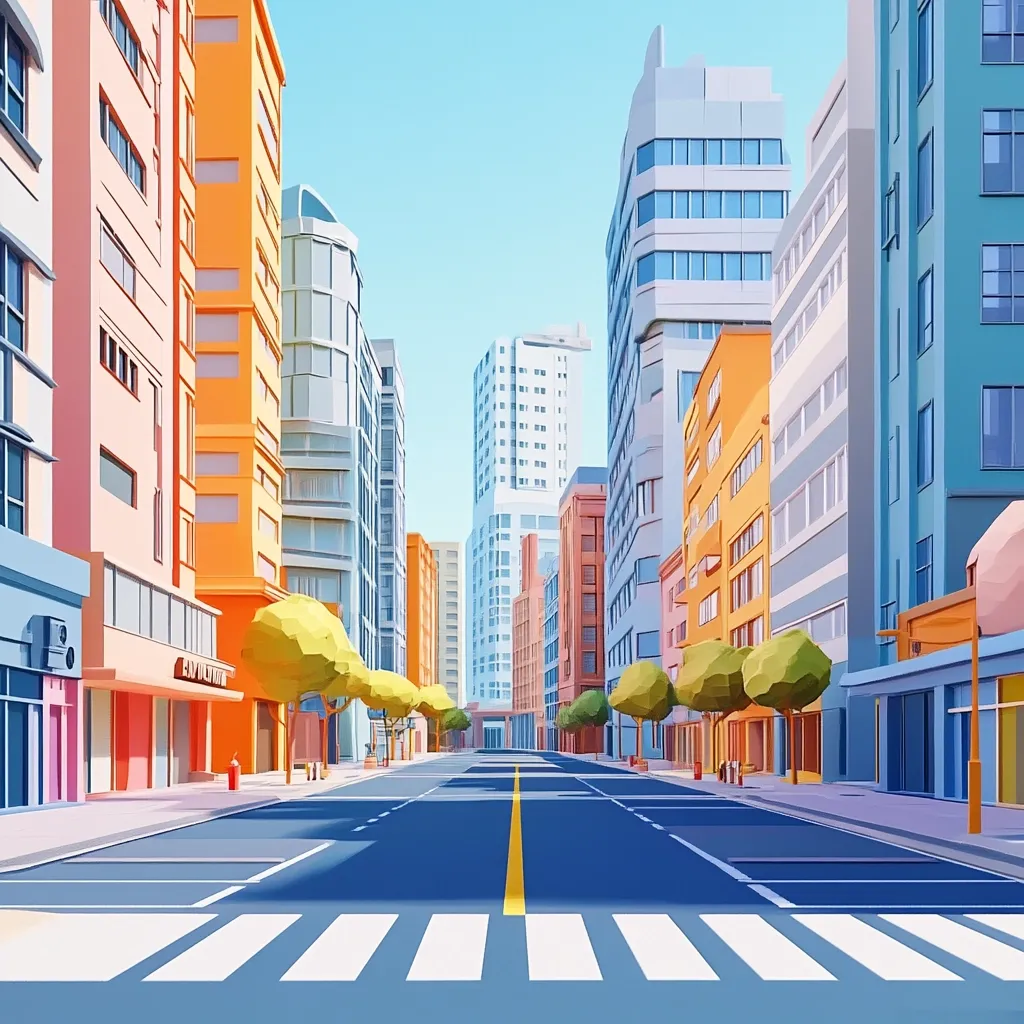 A vibrant, stylized cityscape is depicted in a low-polygraphic style.  Tall buildings in shades of orange, blue, and gray line a wide, empty street.  Small, geometric trees are planted along the sidewalks.  A crosswalk is prominently featured in the foreground, adding depth to the scene under a clear, bright sky. The overall aesthetic is clean, modern, and slightly cartoonish.