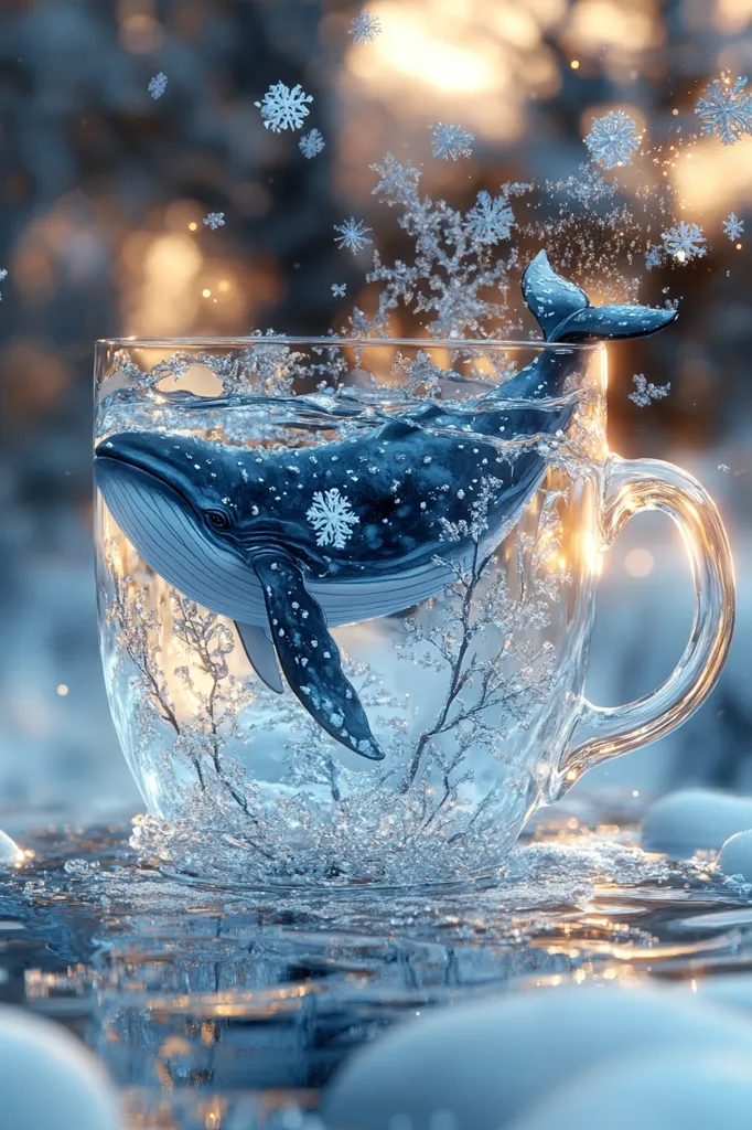 A digital artwork depicts a whale swimming in a glass mug filled with water.  Snowflakes fall around the mug, which sits on a snowy surface.  The scene is serene and magical, with soft lighting creating a whimsical atmosphere.  The whale appears calm and content within its icy, crystalline environment.  The overall impression is one of quiet beauty and winter enchantment.