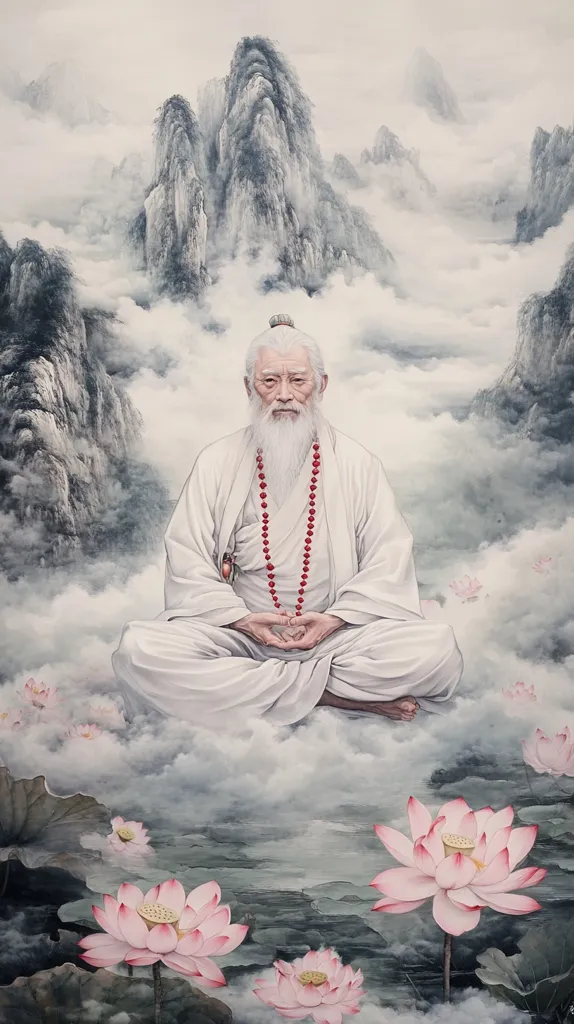 A serene painting depicts an elderly man with a long white beard, seated in a meditative pose amidst a misty mountain landscape.  He wears flowing white robes and a mala bead necklace.  Pink lotus blossoms surround him, resting on a cloudy surface below the mountains. The style is reminiscent of traditional East Asian art, emphasizing tranquility and spiritual contemplation.