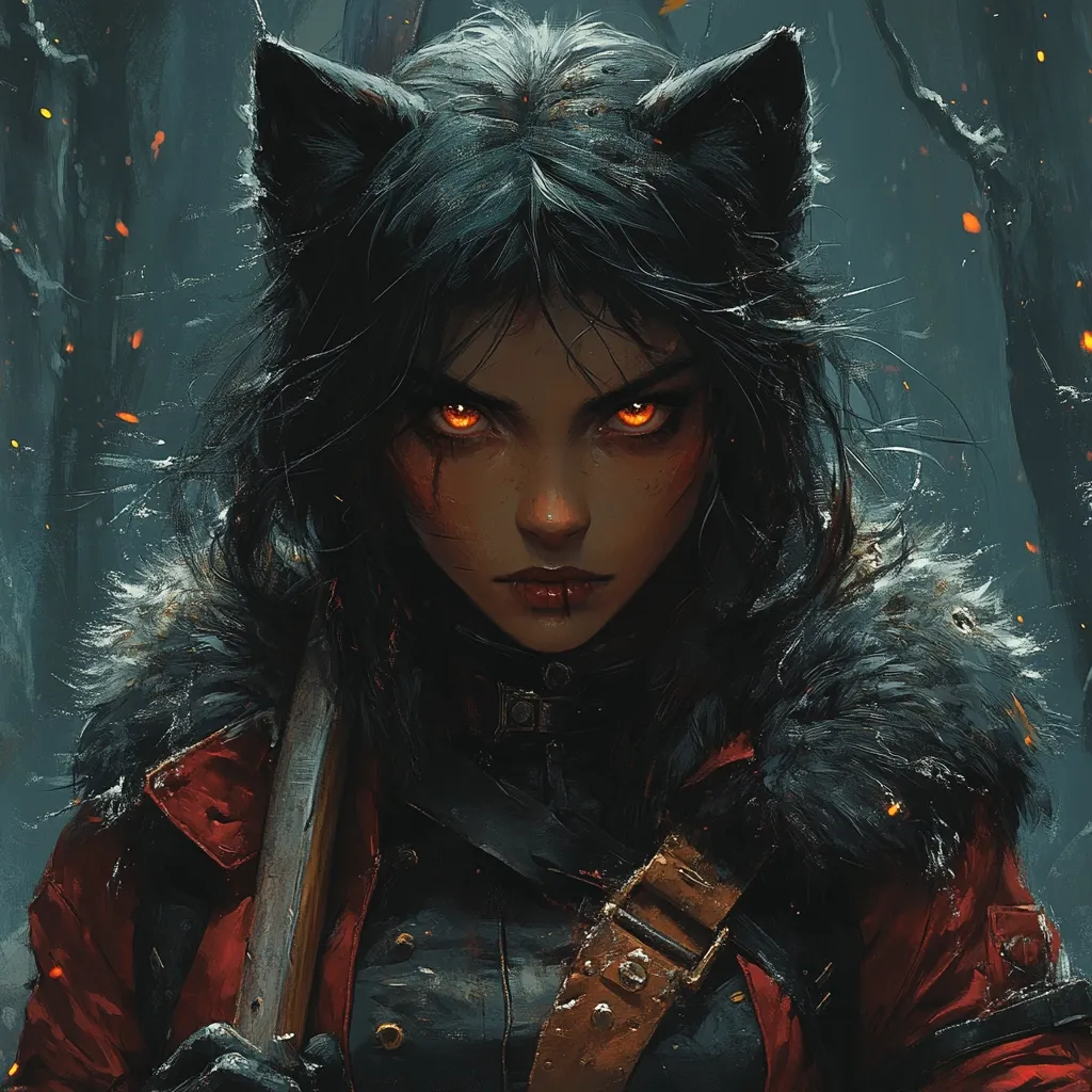A fierce female warrior with cat-like ears stares intensely from the shadowed forest.  Her fiery orange eyes and dark hair contrast against her red jacket and dark clothing.  She carries an axe, suggesting a battle-hardened nature.  Sparks of fire punctuate the background, adding to the dramatic atmosphere.  The artwork is stylized with a focus on detail in her features and expression.