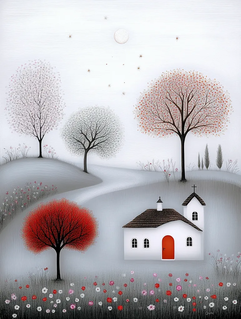 A serene landscape painting depicts a small white church with a vibrant red door, nestled among stylized trees in varying shades of gray and red.  A full moon hangs in the pale sky, scattered with tiny stars or insects. Delicate wildflowers bloom in the foreground, creating a peaceful and slightly whimsical scene. The overall style is minimalist and dreamlike.
