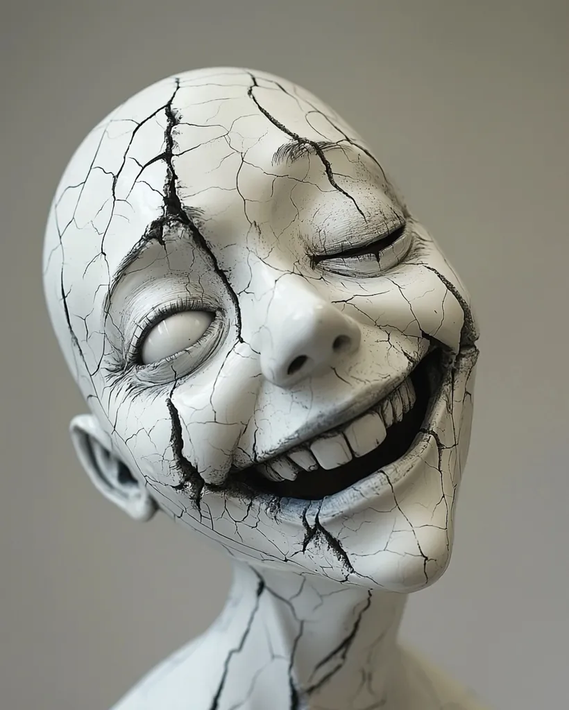 A close-up shot reveals a sculpted bust, seemingly female, with a cracked, white surface.  Black lines accentuate the fissures, giving the impression of aged or decaying skin.  The figure's expression is unsettling; one eye winks while a wide, almost manic grin stretches across its face. The overall effect is surreal and slightly disturbing.
