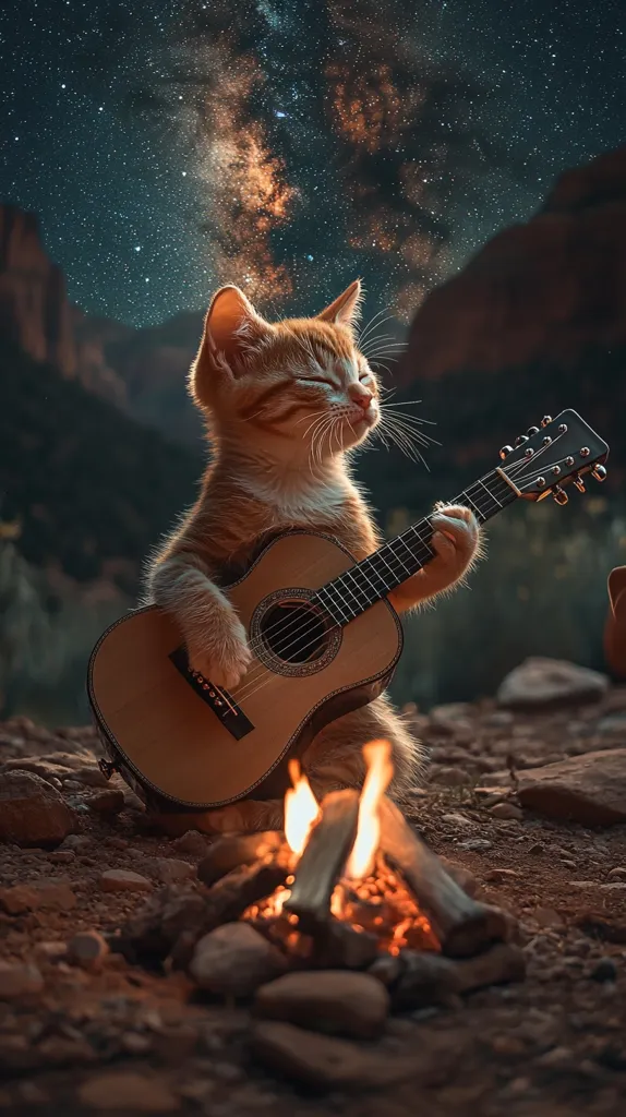 A ginger kitten sits serenely by a campfire under a breathtaking starry night sky.  The kitten is playing a small acoustic guitar, its eyes closed in peaceful concentration. The scene is idyllic and evokes a sense of calm and wonder, blending the warmth of the fire with the vastness of the cosmos.  The image is likely a digital artwork or a carefully staged photograph.